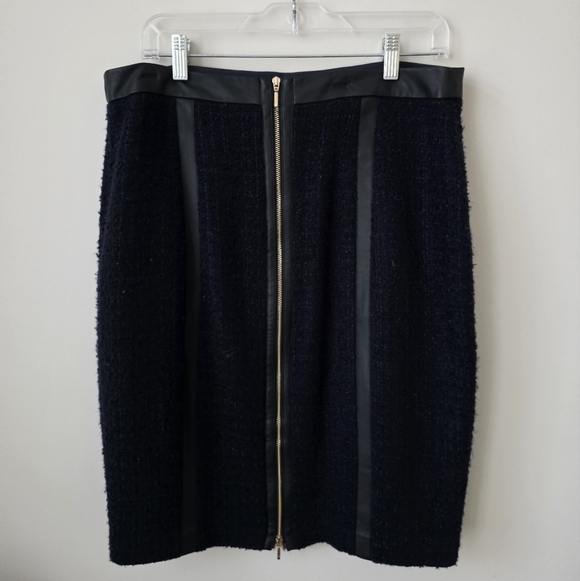 CLUB MONACO | Tweed Pencil Skirt Navy Wool Black Faux Leather Sz 12 - Picture 3 of 6